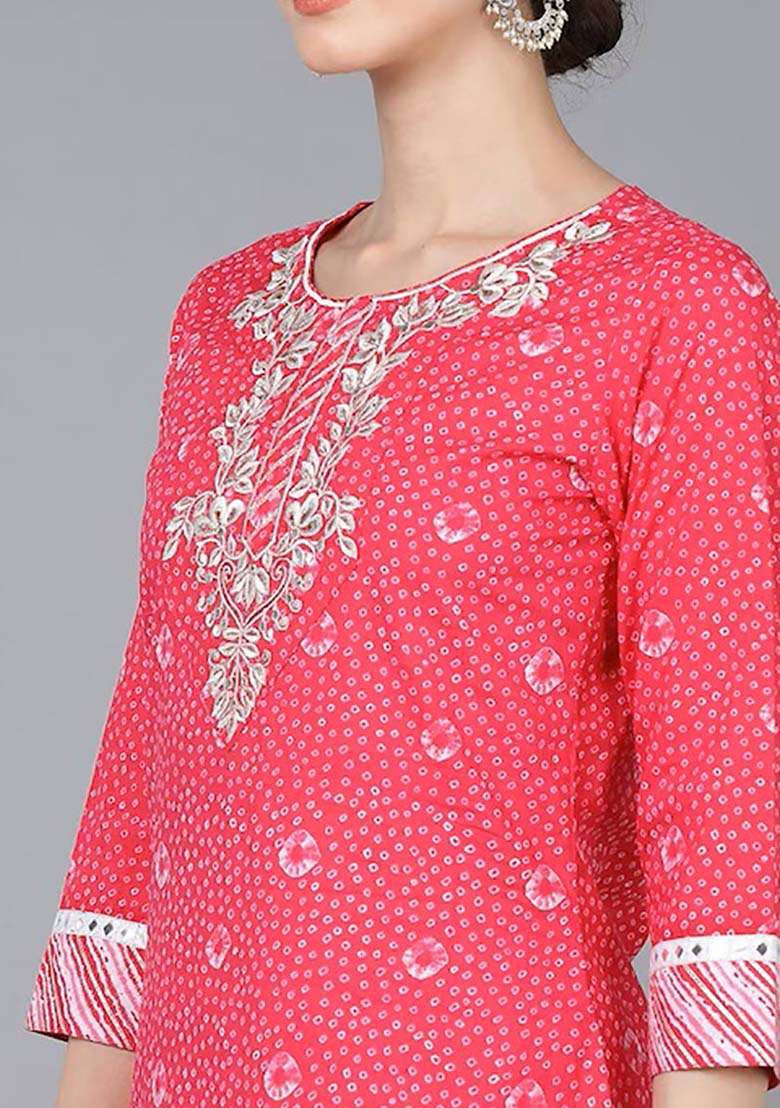 Pink Bandhani Cotton Straight Kurta Set - Indya