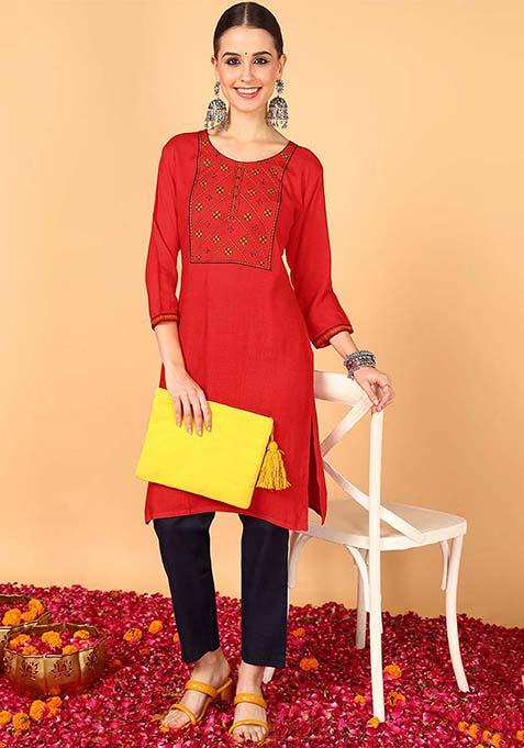 Red Solid Pure Cotton Kurta