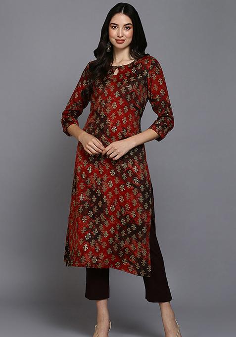 Red Printed Silk Blend Kurta