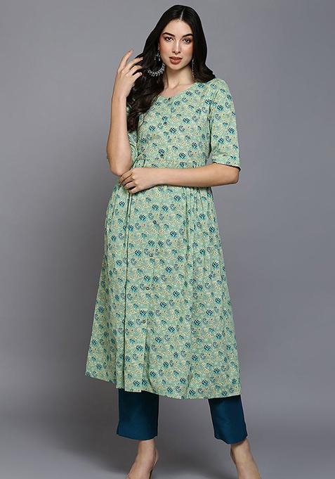 Sea Green Printed Cotton Kurta