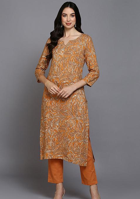 Orange Printed Viscose Rayon Kurta