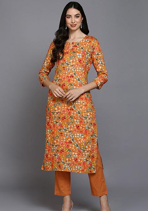 Orange Printed Viscose Rayon Kurta