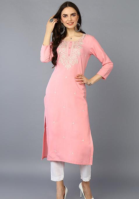 Pink Embroidered Cotton Blend Kurta