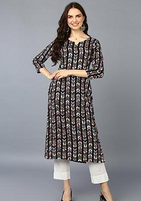 Black Printed Viscose Rayon Kurta