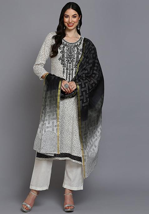 Off White Printed Pure Cotton Kurta Set