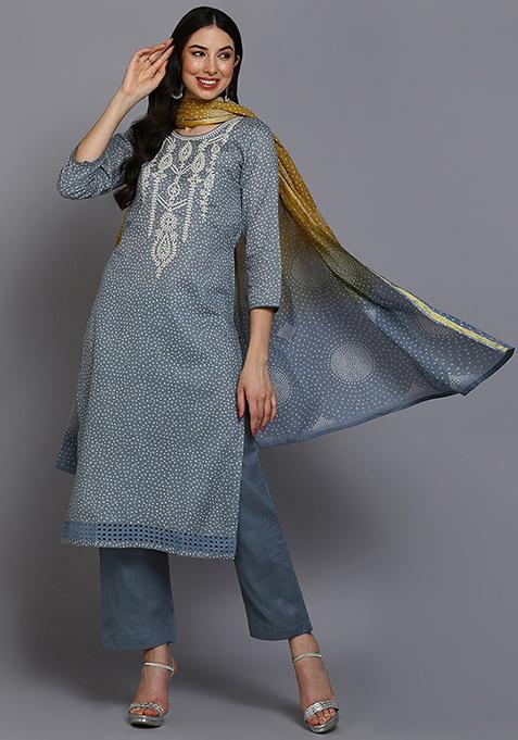 Grey Printed Pure Cotton Kurta Set