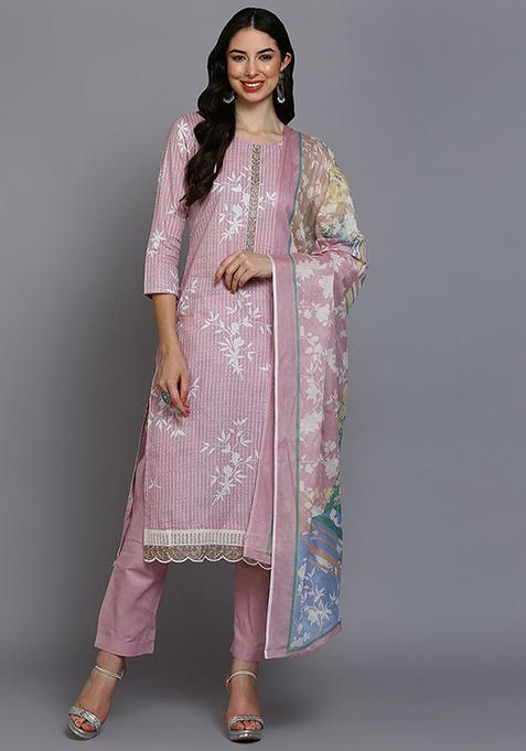 Pink Printed Cotton Blend Kurta Set