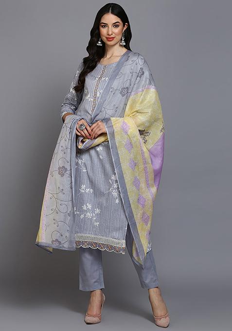 Grey Printed Cotton Blend Kurta Set