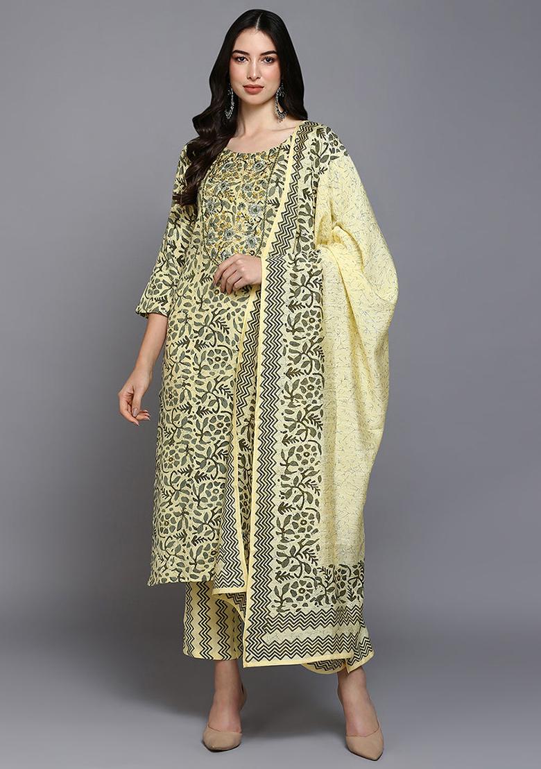 Yellow Printed Silk Blend Kurta Set