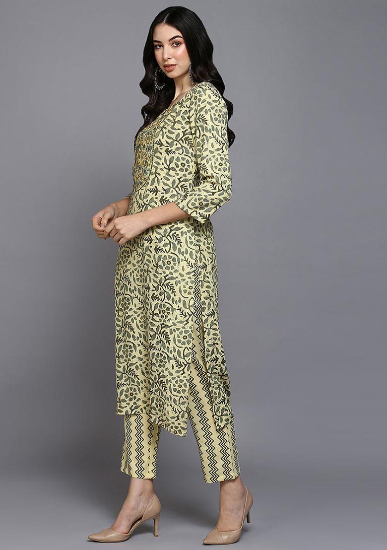 Yellow Printed Silk Blend Kurta Set
