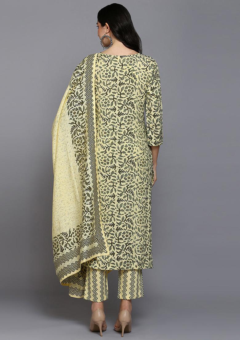 Yellow Printed Silk Blend Kurta Set