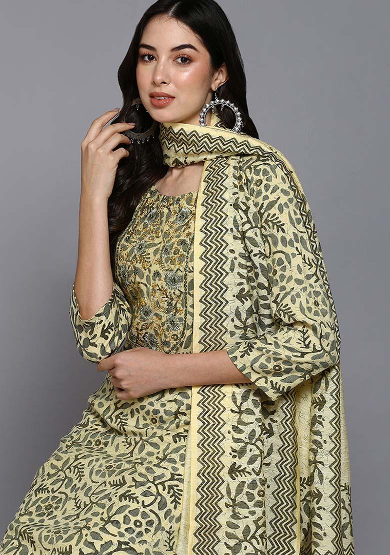 Yellow Printed Silk Blend Kurta Set