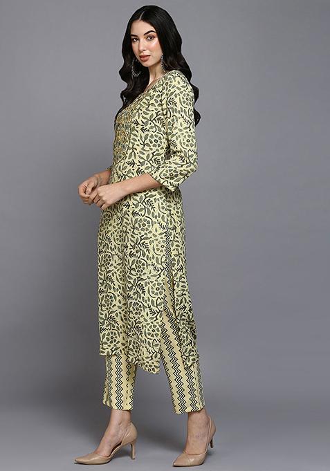 Yellow Printed Silk Blend Kurta Set