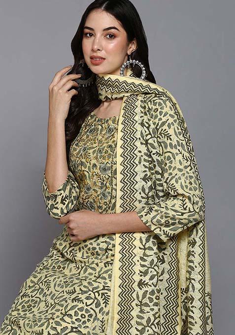Yellow Printed Silk Blend Kurta Set