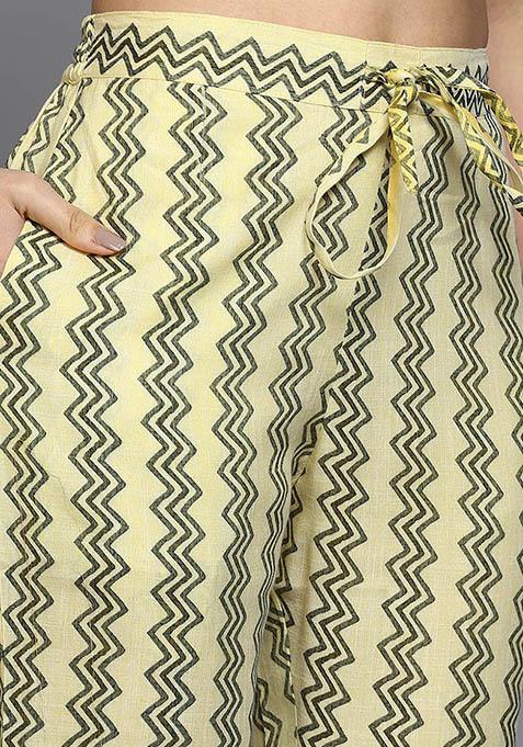 Yellow Printed Silk Blend Kurta Set