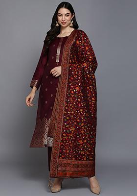 Burgundy Printed Silk Blend Kurta Set