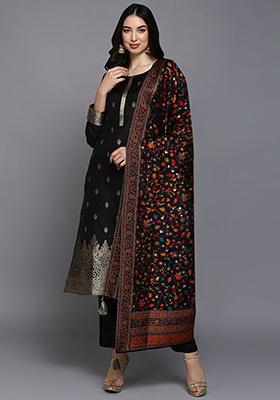 Black Printed Silk Blend Kurta Set