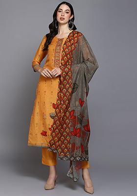 Orange Printed Silk Blend Kurta Set