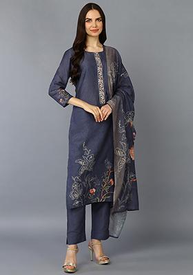 Grey Printed Silk Blend Kurta Set