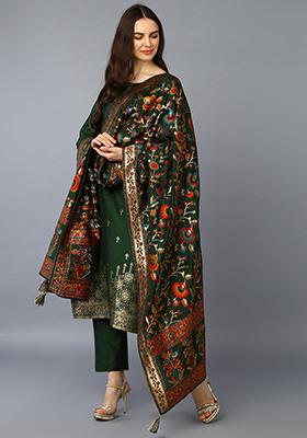 Green Printed Silk Blend Kurta Set