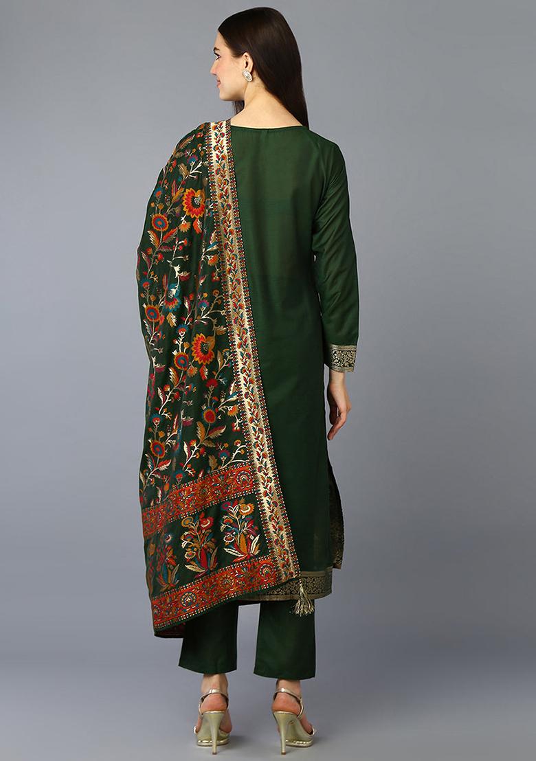 Green Printed Silk Blend Kurta Set - Indya