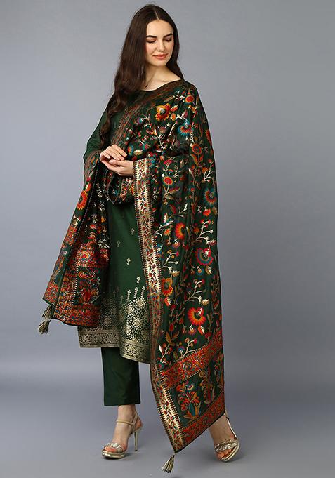 Green Printed Silk Blend Kurta Set