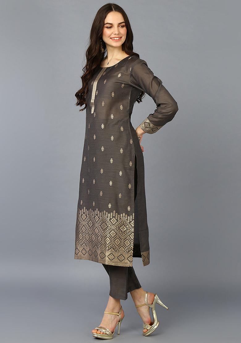 Grey Printed Silk Blend Kurta Set