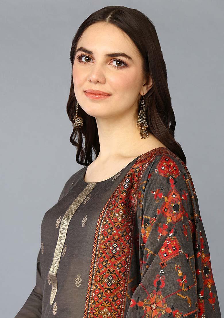 Grey Printed Silk Blend Kurta Set