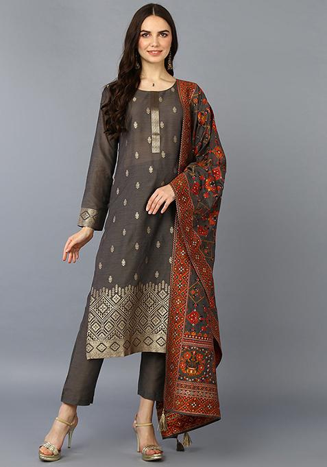 Grey Printed Silk Blend Kurta Set