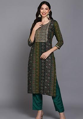 Green Printed Viscose Rayon Kurta
