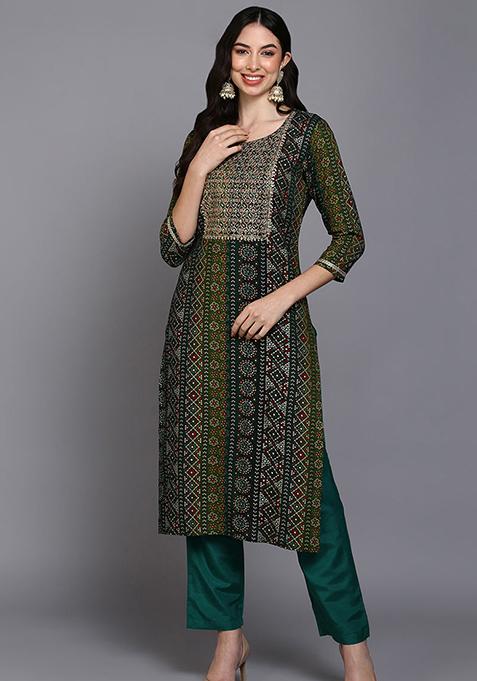 Green Printed Viscose Rayon Kurta