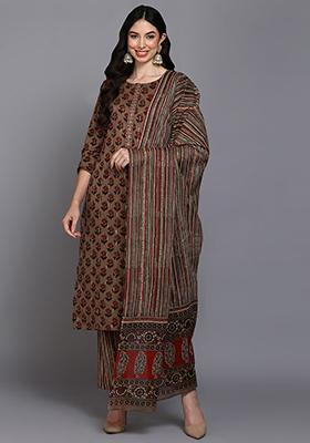 Brown Printed Pure Cotton Kurta Set