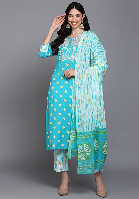 Blue Printed Pure Cotton Kurta Set