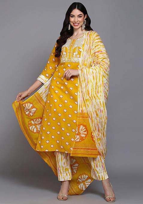 Yellow Printed Pure Cotton Kurta Set