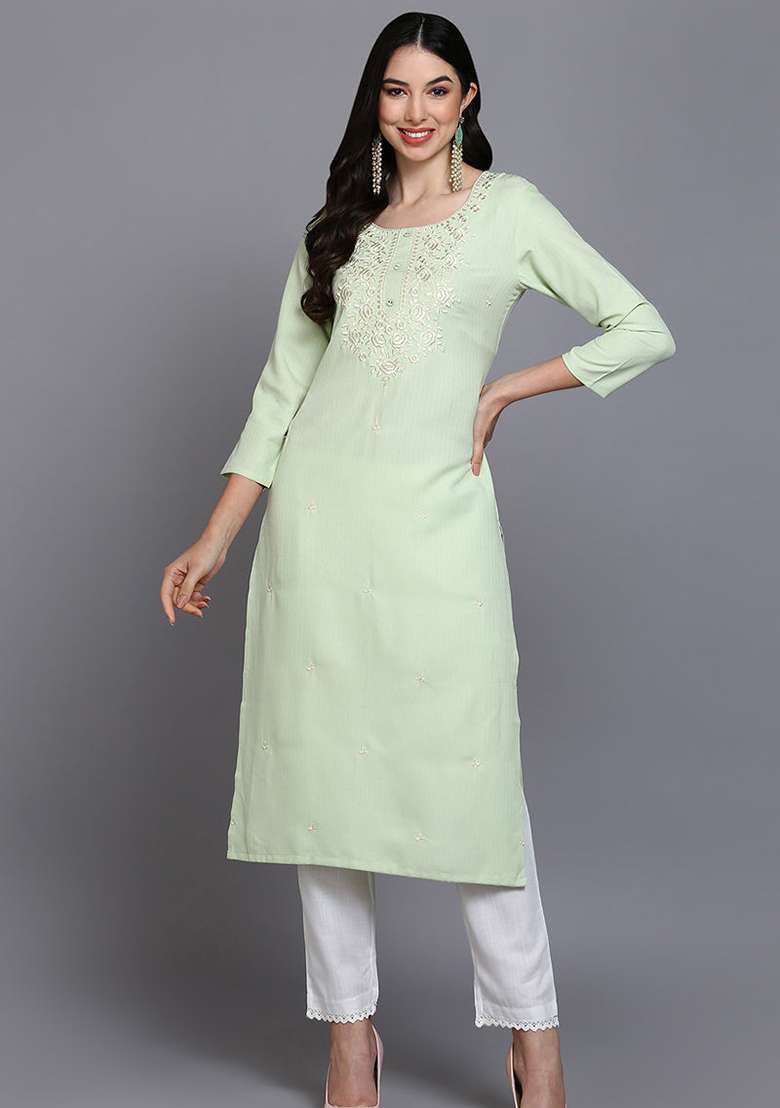 Lime Green Embroidered Cotton Blend Kurta - Indya