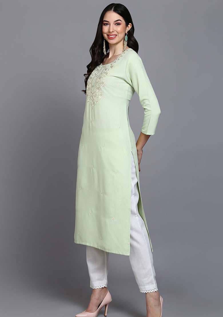 Lime Green Embroidered Cotton Blend Kurta - Indya