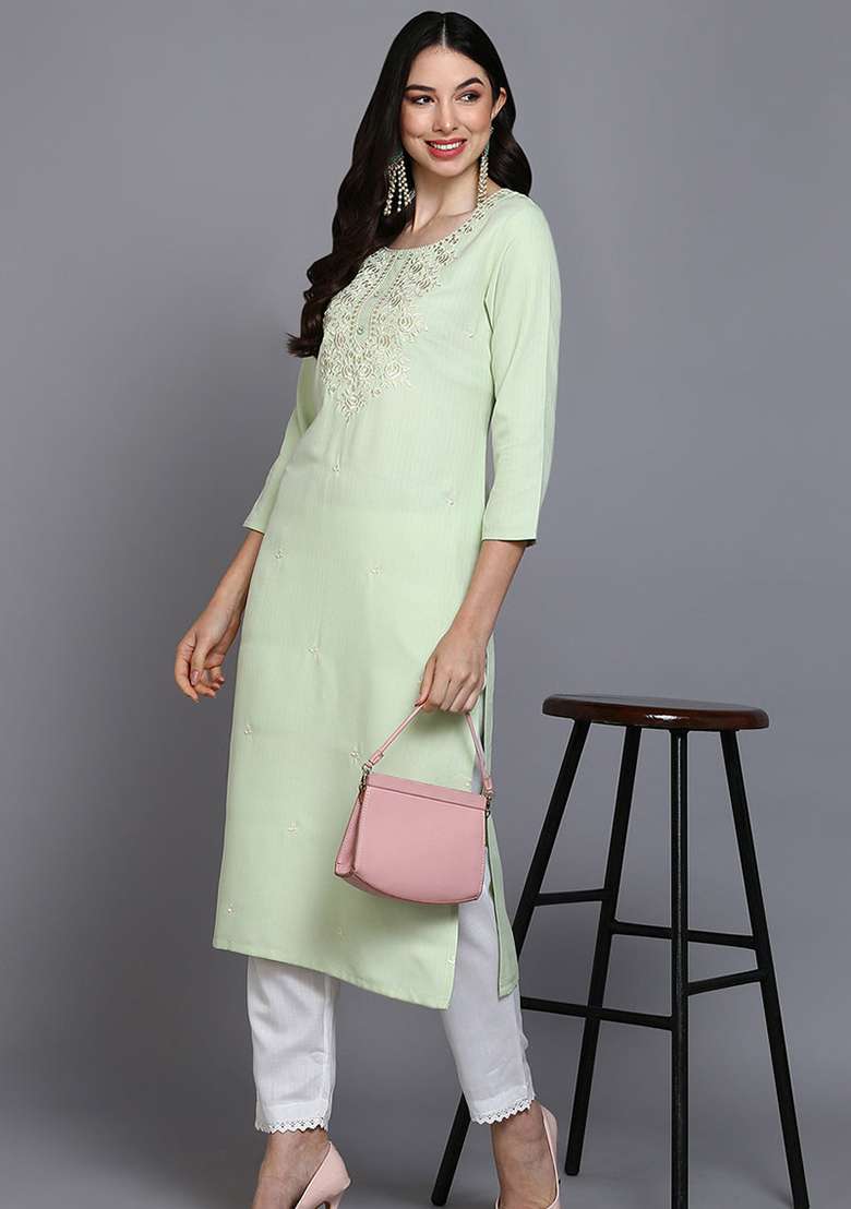 Lime Green Embroidered Cotton Blend Kurta - Indya