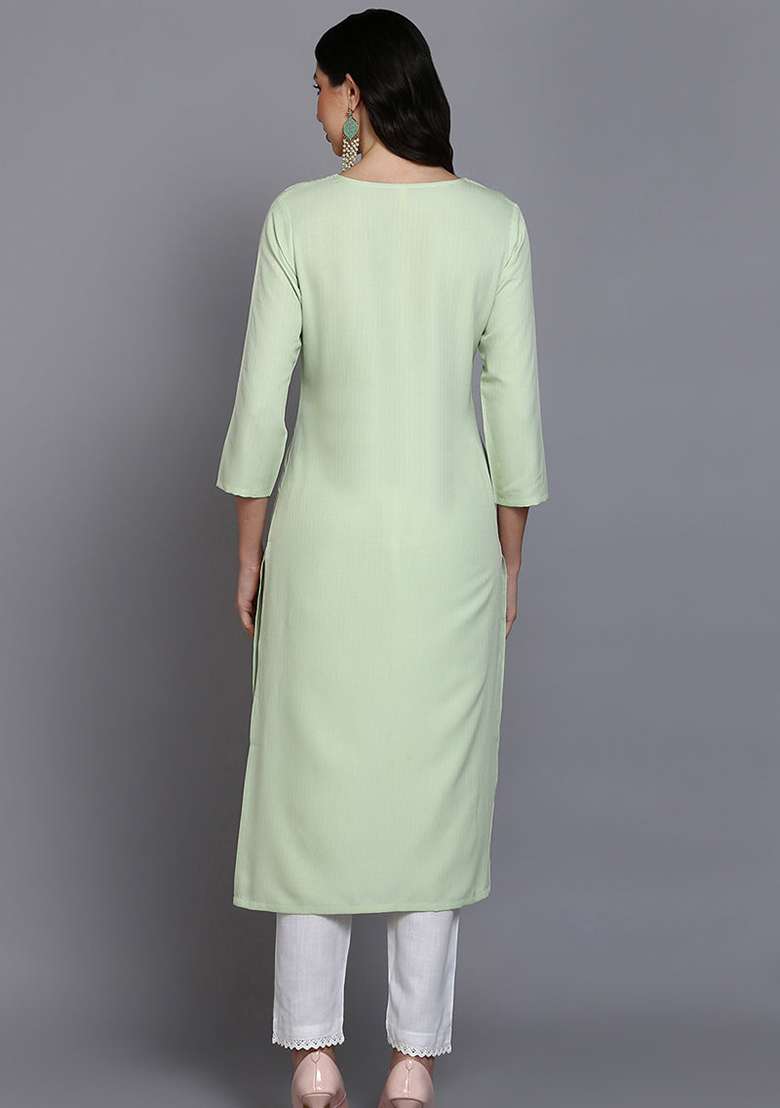 Lime Green Embroidered Cotton Blend Kurta - Indya