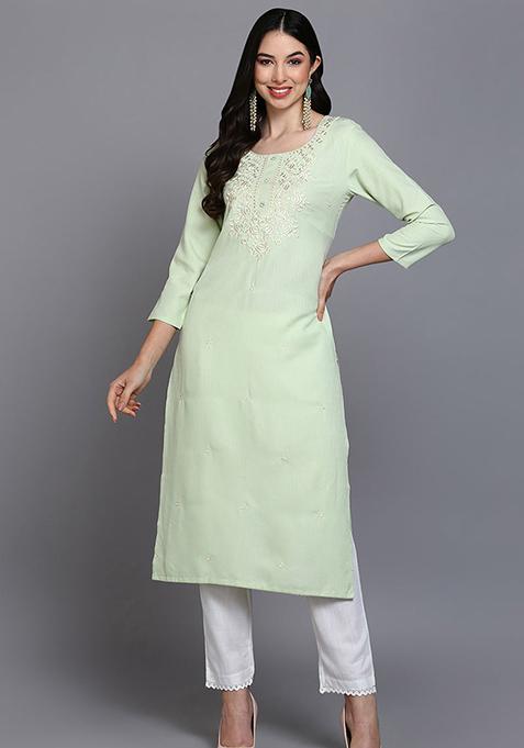 Lime Green Embroidered Cotton Blend Kurta