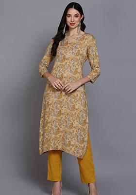 Yellow Printed Viscose Rayon Kurta