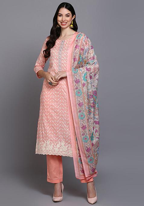 Peach Printed Pure Cotton Kurta Set