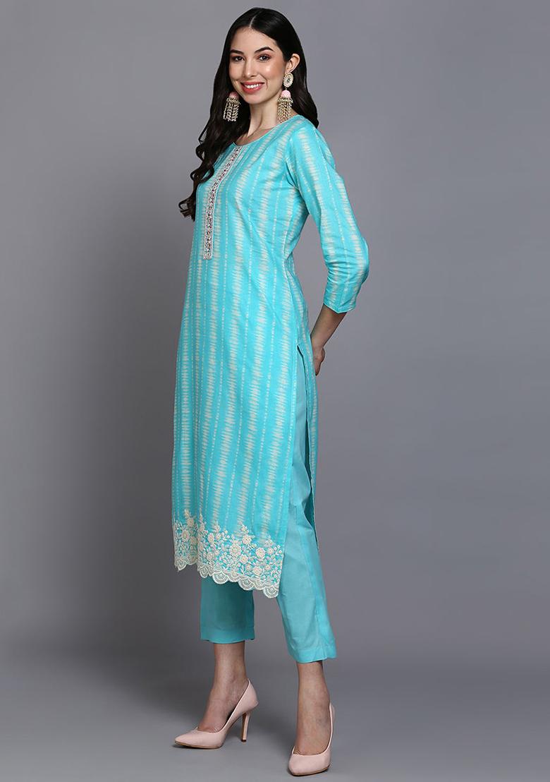 Turquoise Blue Printed Rayon Kurta Set