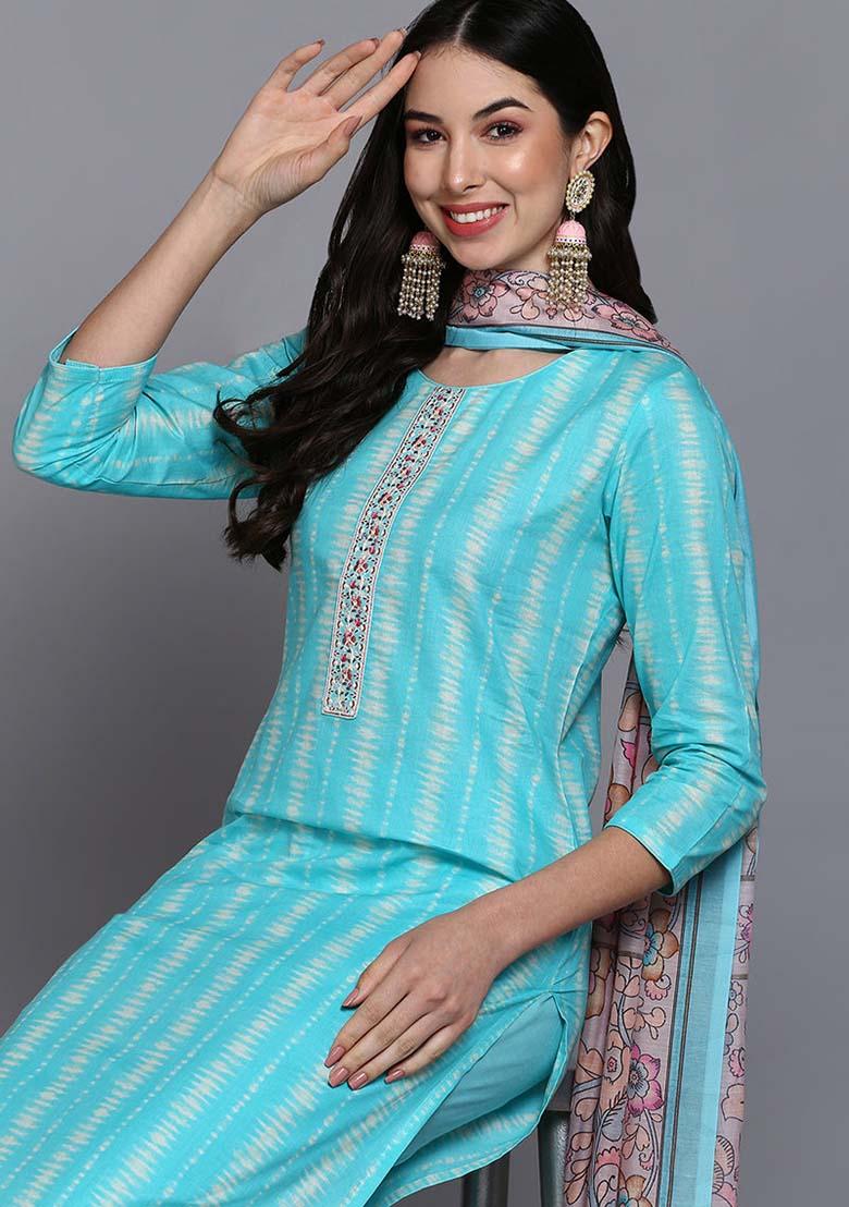 Turquoise Blue Printed Rayon Kurta Set