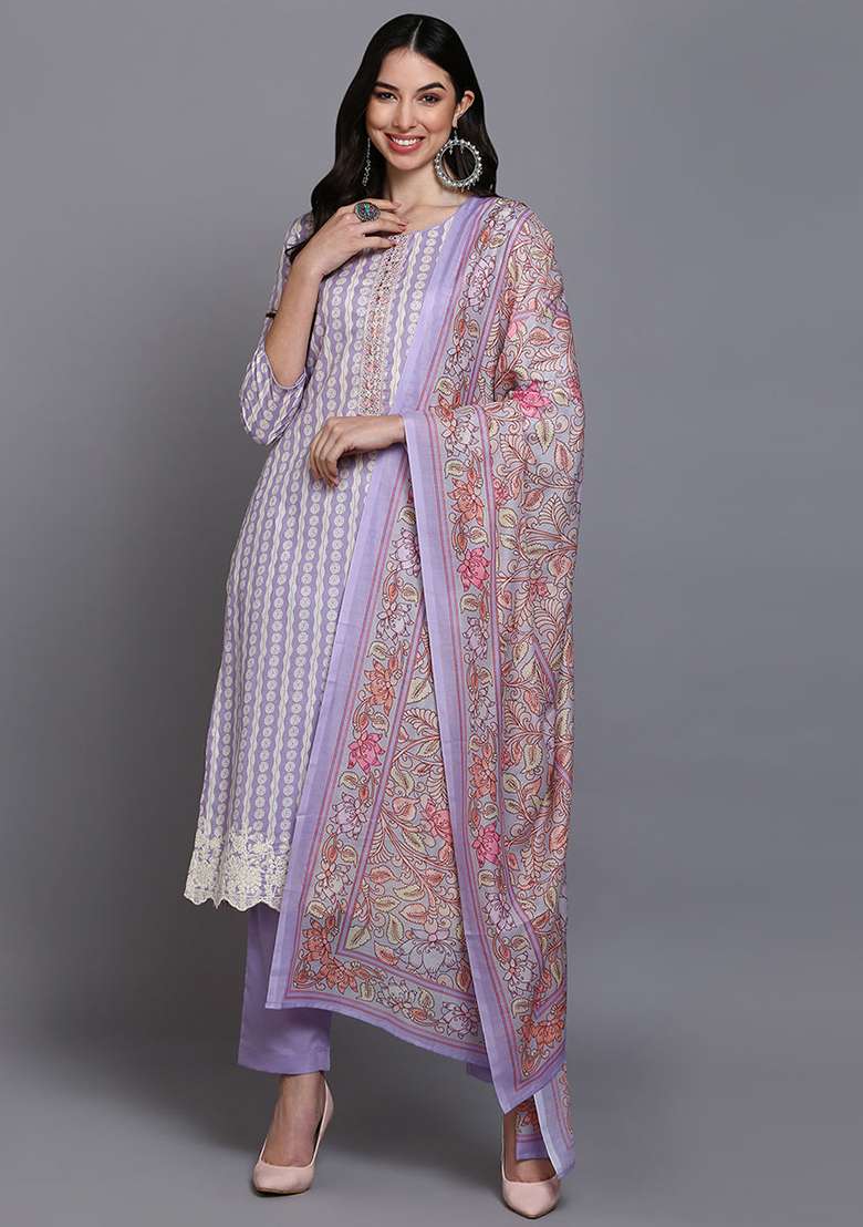 Lavender Printed Rayon Straight Kurta Set - Indya