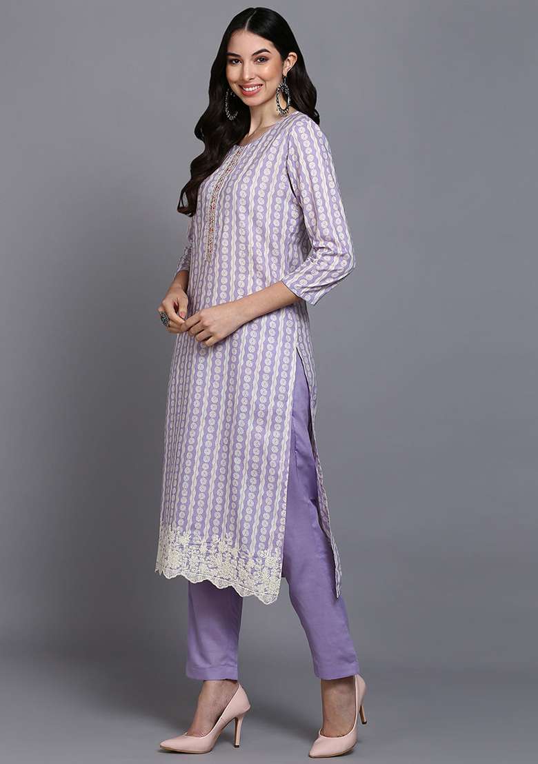 Lavender Printed Rayon Straight Kurta Set - Indya