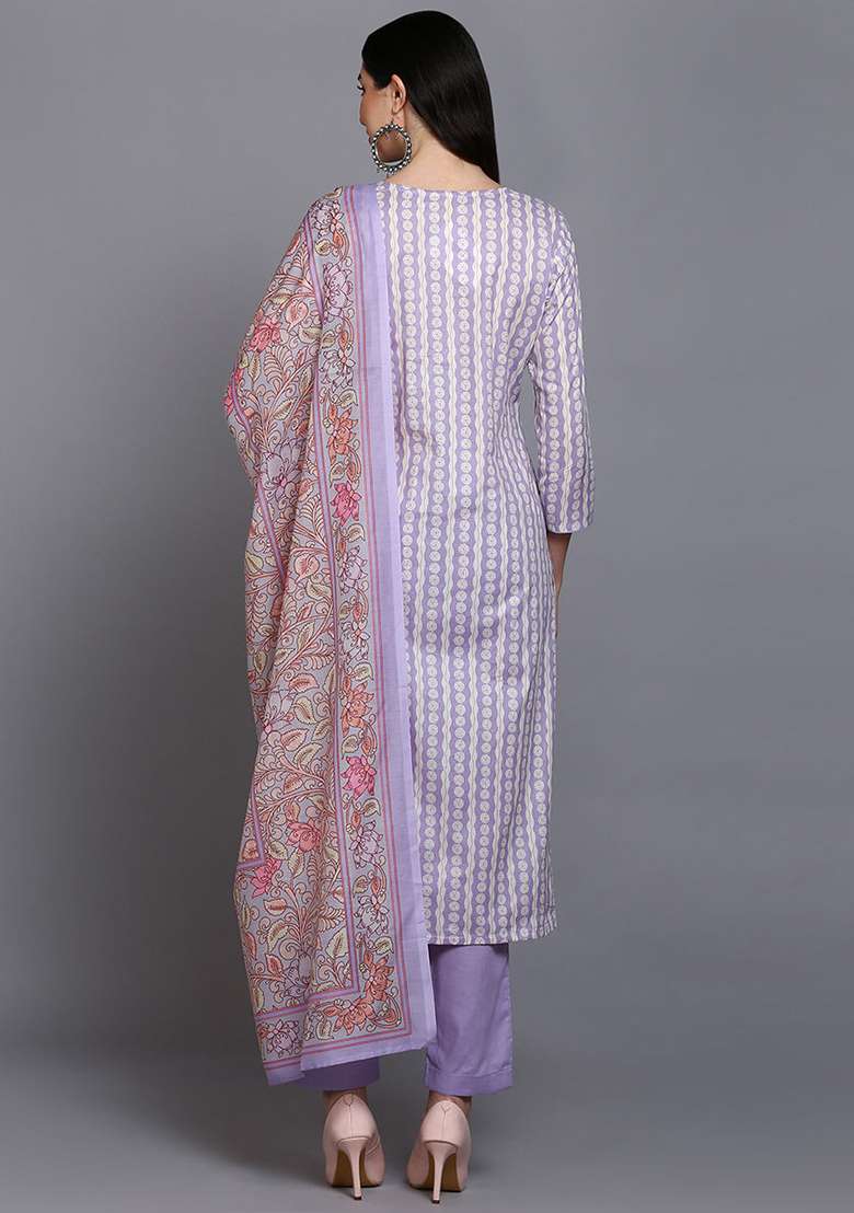 Lavender Printed Rayon Straight Kurta Set - Indya