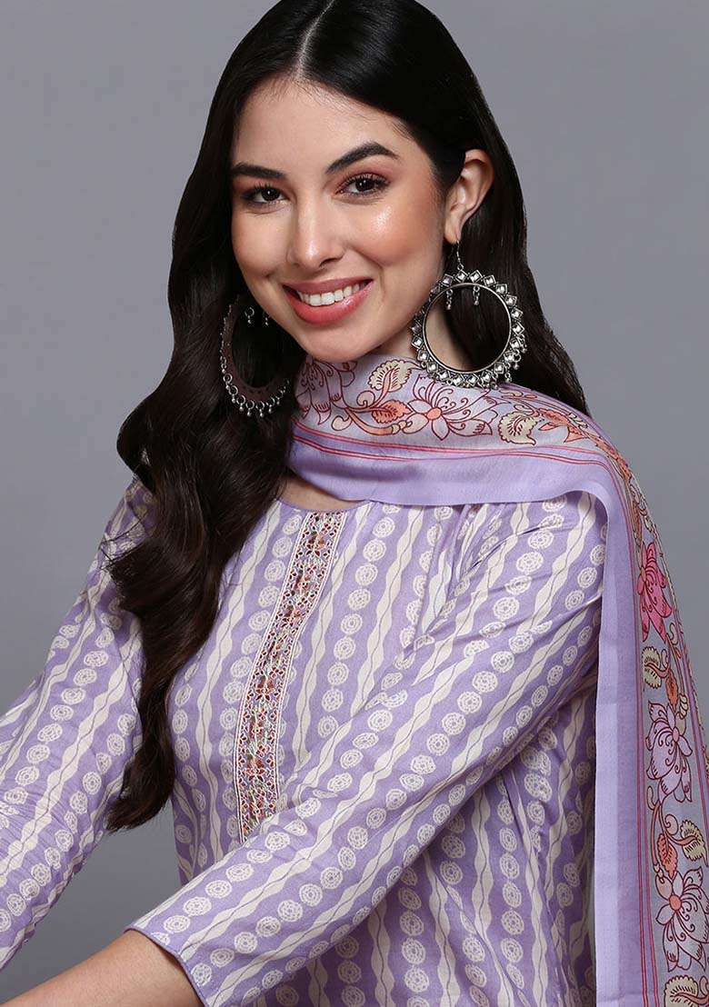 Lavender Printed Rayon Straight Kurta Set - Indya