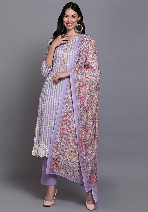 Lavender Printed Rayon Kurta Set