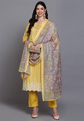 Yellow Printed Rayon Kurta Set