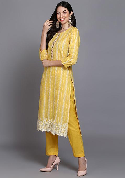 Yellow Printed Rayon Kurta Set